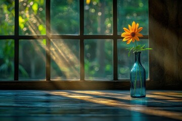 Serene sunlit scene of single orange flower in teal glass bottle on wooden sill, window background.