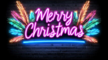 Obraz premium Merry Christmas Neon Sign Festive Holiday Lights Feathers Brick Wall