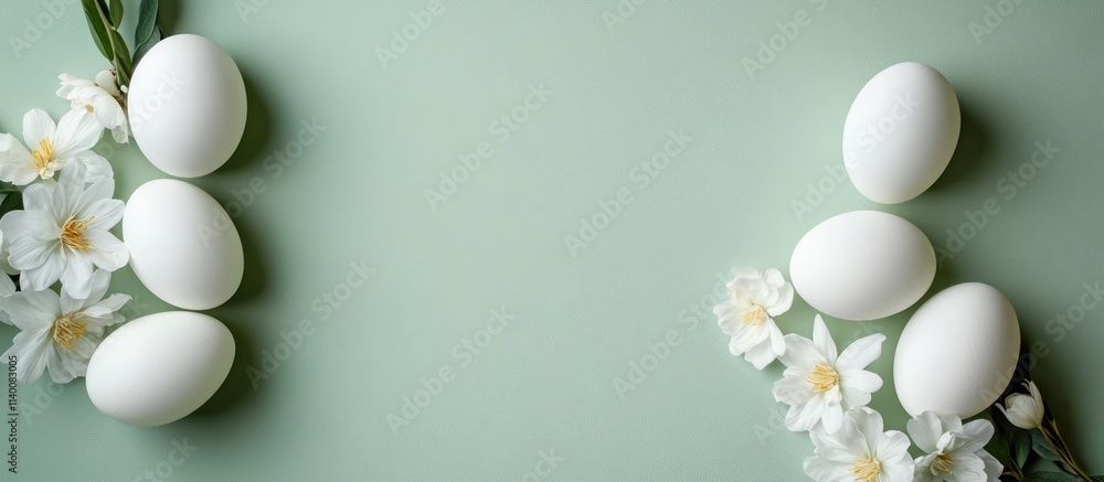 Poster easter decoration with white eggs and flowers on a green background with empty space for text top do