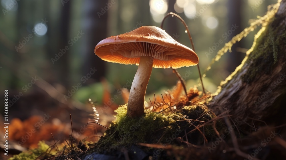 Poster Close-up view of a large brown mushroom illuminated by sunlight in a forest setting with soft background bokeh and natural elements.