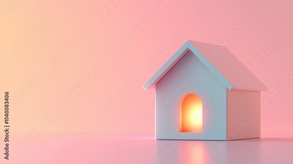 Poster glowing small house icon in 3d render with soft pink background and warm light effect