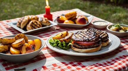 Savoring a delightful BBQ feast featuring flamegrilled burgers, grilled peaches, and mouth-watering sides in a lush backyard setting