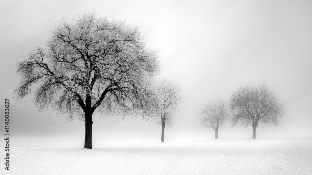 Poster misty landscape with bare trees in a snowy field evoking a serene winter atmosphere
