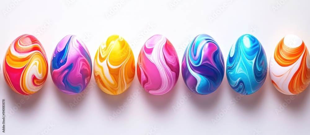 Aufkleber vibrant easter eggs arranged in a row showcasing abstract swirling patterns on a clean white backgro