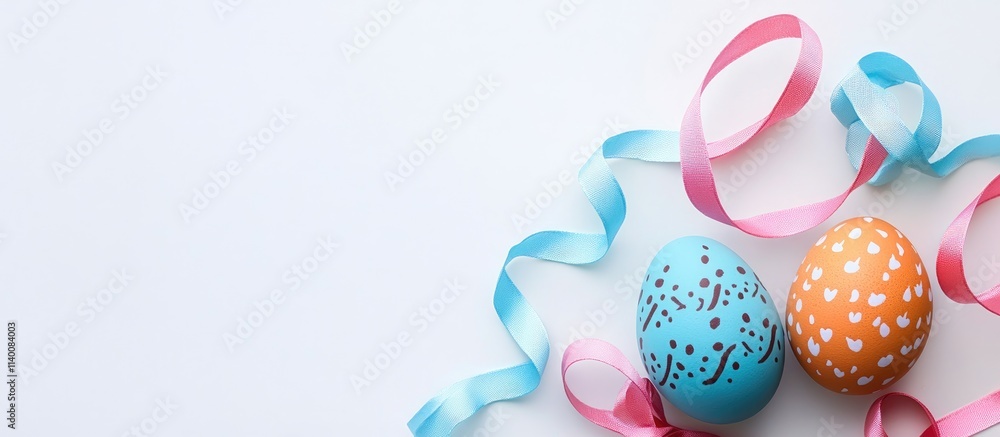 Aufkleber easter eggs decorated with ribbons on a white background creating a festive atmosphere with ample co