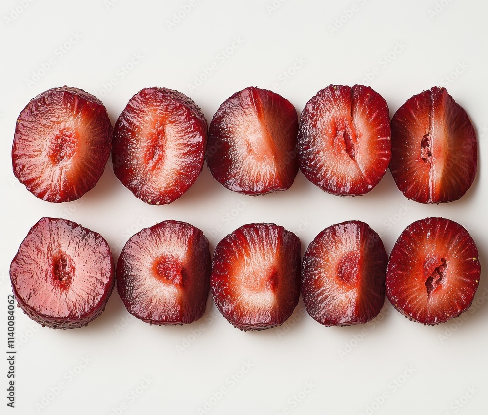Poster Sliced strawberries arranged in a neat row, showcasing their vibrant color and texture.