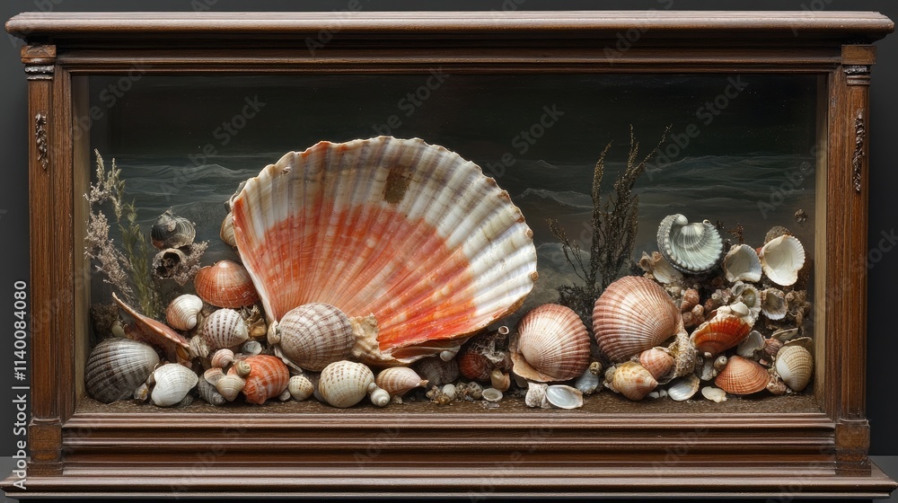 Poster elegant display of various seashells including scallops and clams arranged beautifully in a vintage 
