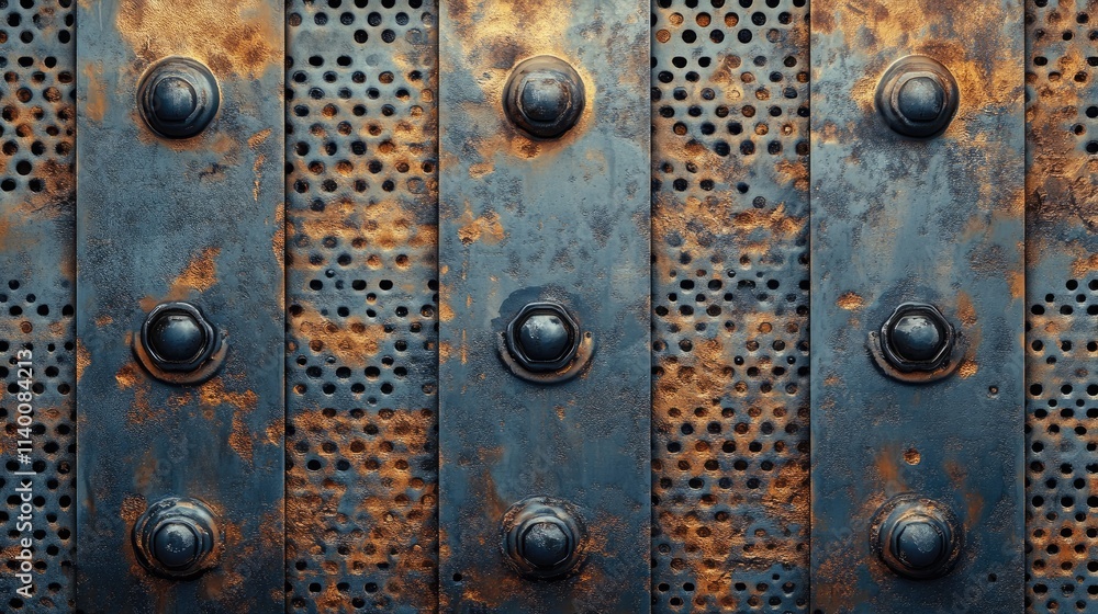 Poster rusty distressed metal background with rivets and perforated surface for industrial and vintage desi