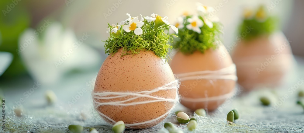 Poster easter eggs decorated with wool string and fresh cuckooflower cress for a festive spring celebration