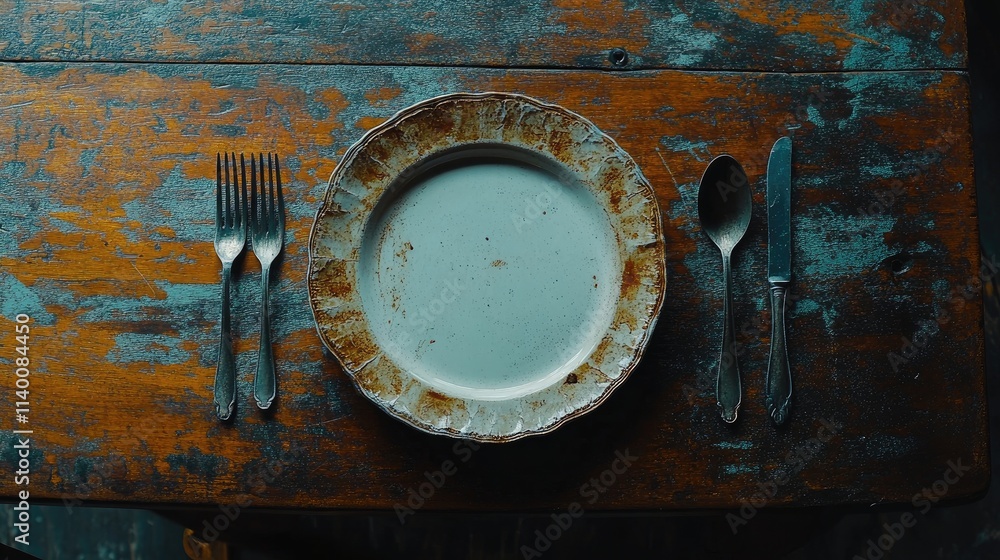 Poster rustic wooden table setting with an empty vintage plate and silver cutlery arranged neatly for dinin