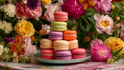 Naklejka premium A collection of vividly colored macarons stacked neatly on a pastel plate, surrounded by fresh flowers, sweet and elegant