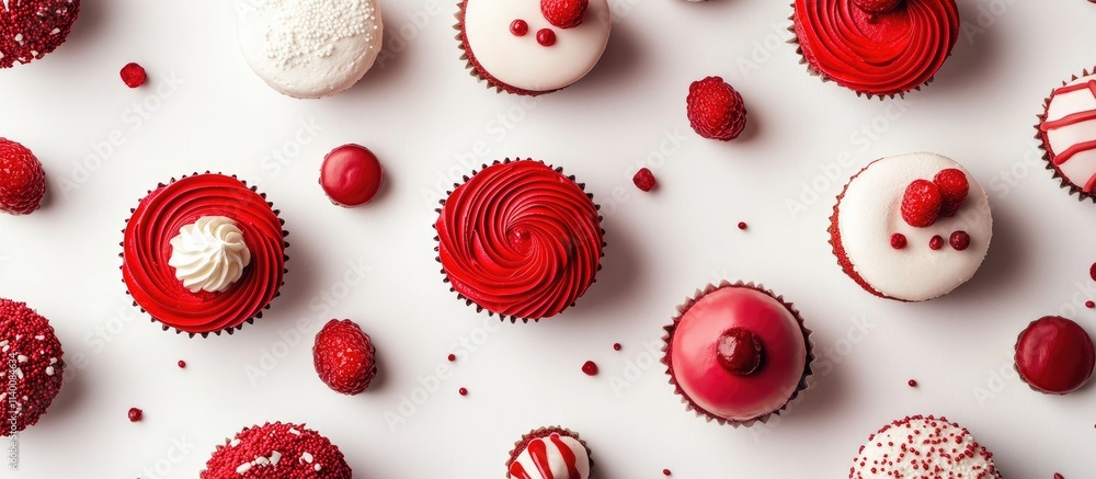Poster red velvet desserts beautifully arranged with raspberry accents in an inviting flat lay composition 