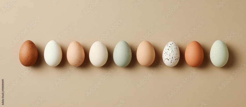 Poster easter eggs in soft pastel colors arranged on a beige background minimalistic design with space for 