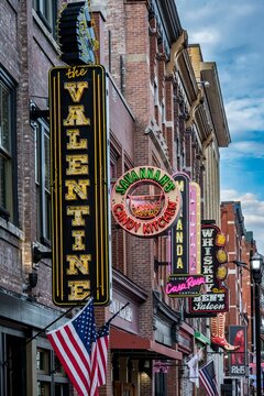 Neon signs on Honky Tonk Highway, Nashville street USA