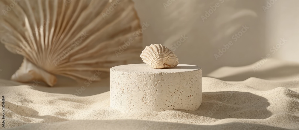 Aufkleber Elegant plaster podiums with a seashell resting on top set against a sandy background creating a serene beach aesthetic.