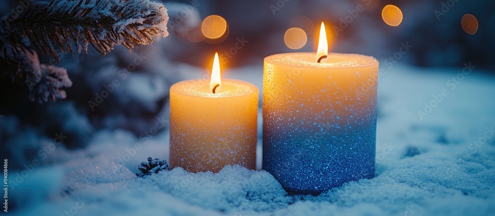 Aufkleber Lit white and blue candles against a snowy backdrop with a twinkling bokeh effect creating a warm, festive atmosphere during winter.