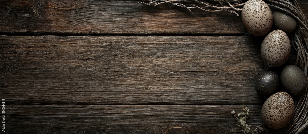 Aufkleber easter eggs arranged on a dark wooden background creating a decorative border with ample copy space 
