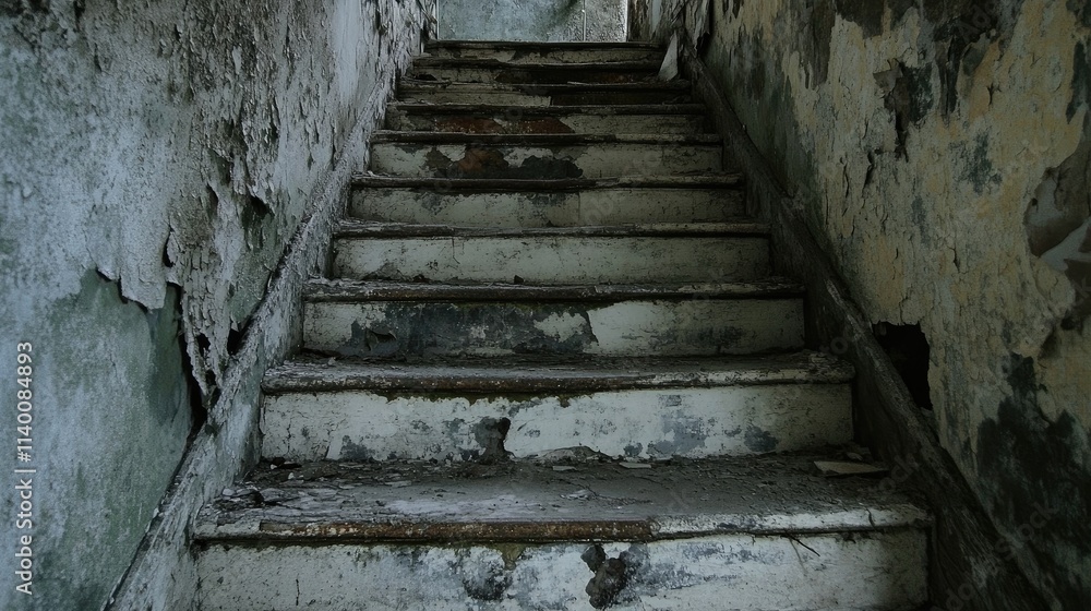 Poster weathered and peeling white concrete staircase in an abandoned building showcasing neglect and deter