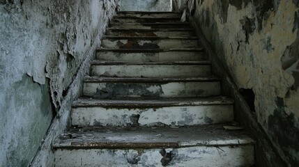 Weathered and peeling white concrete staircase in an abandoned building showcasing neglect and deterioration over time