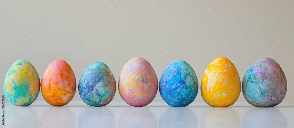 Poster vibrant easter eggs arranged in a row on a minimalistic white background showcasing colorful artisti