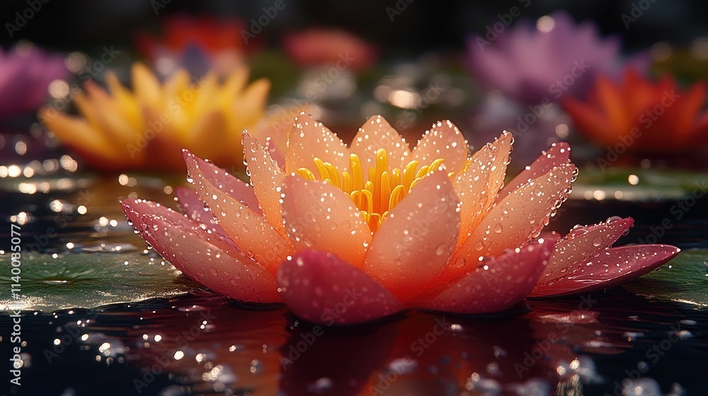 Poster water droplets glistening on colorful lotus flowers and lily pads in a serene pond setting