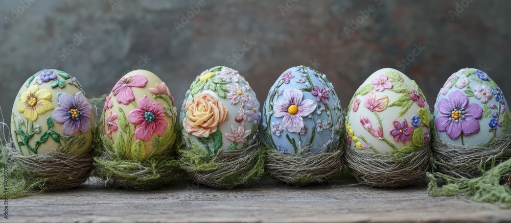 Poster decorative easter eggs adorned with floral patterns nestled in a natural nest on a rustic background