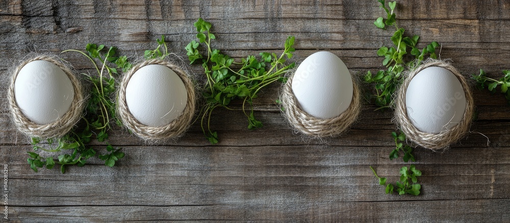 Poster easter eggs wrapped in wool string with fresh cress on rustic wooden background space for text decor