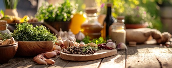 Fresh herbs and spices creating culinary magic on rustic wooden table