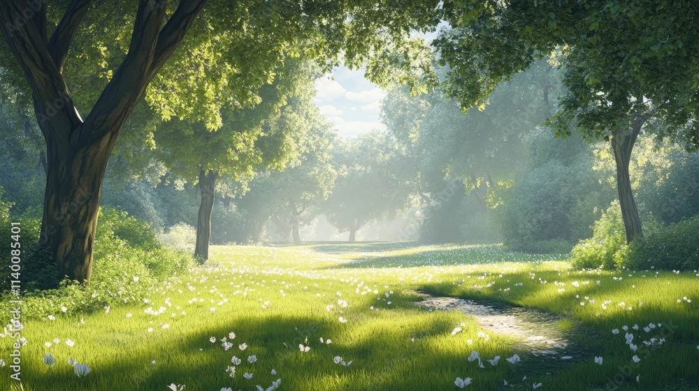 Poster Serene park landscape with lush green grass and sunlit trees creating a tranquil natural setting for relaxation and exploration