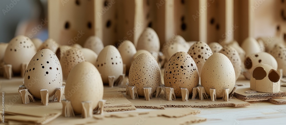 Poster easter egg collection in cardboard display featuring intricately designed wooden eggs on a rustic su