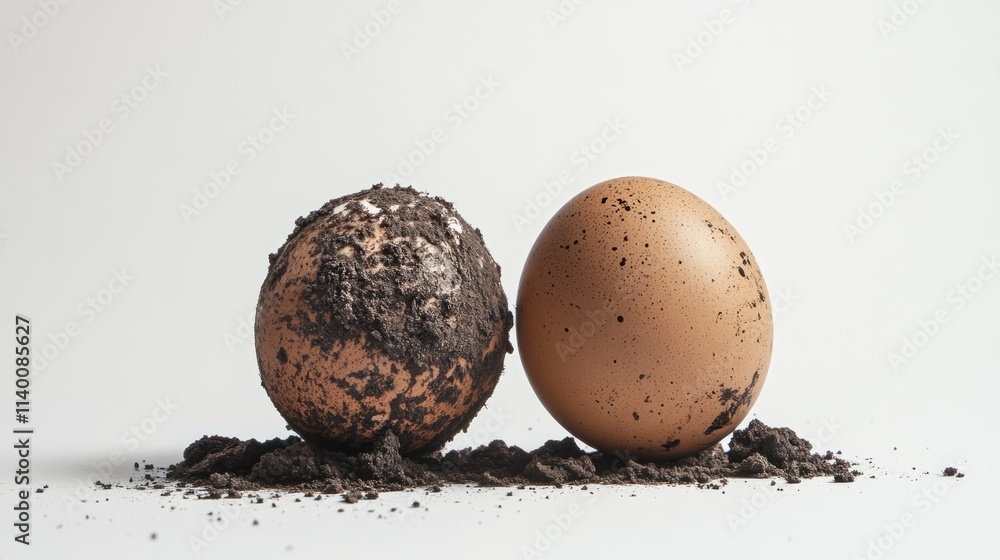 Poster Two eggs with dirt on them surrounded by soil displayed on a clean white background highlighting their natural, rustic appearance.