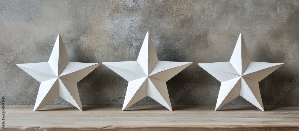 Poster three elegant white star decorations on a rustic wooden surface against a textured gray background f