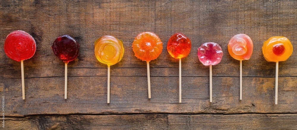 Poster Colorful assorted lollipops arranged on a rustic wooden table from an aerial perspective showcasing a delightful candy display
