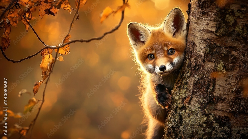 Poster a curious fox peeks from behind a tree in a warm, autumnal forest setting.