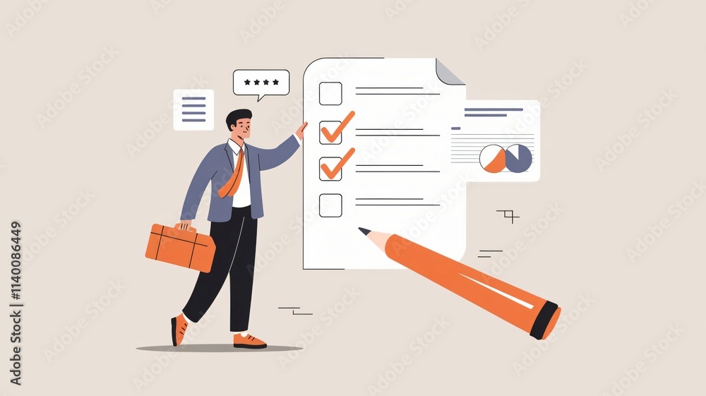 Poster businessman completing checklist with charts and graphs