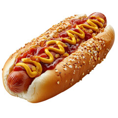 Savoring potokasd's golden bun hot dog with mustard and ketchup at a street food festival a clean culinary delight