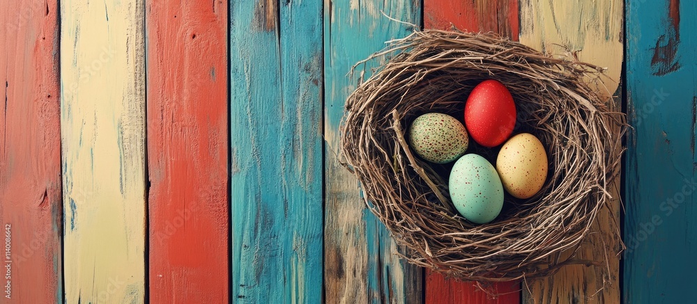 Poster easter eggs nestled in a natural nest resting on a vibrant colorful wooden surface creating a cheerf