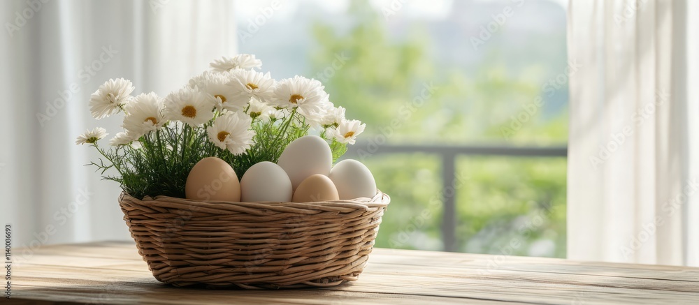 Poster easter eggs in a wicker basket with flowers on a rustic wooden table creating a festive spring atmos