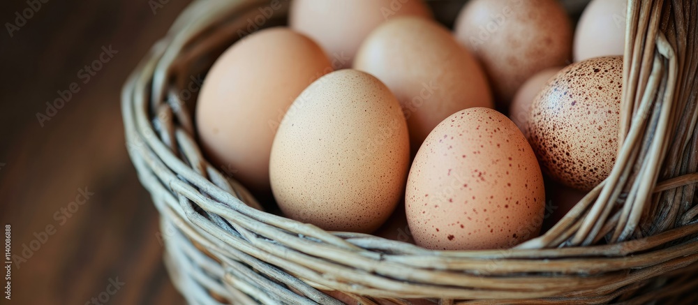 Poster easter eggs nestled in a wicker basket showcasing a close-up perspective with selective focus and a 