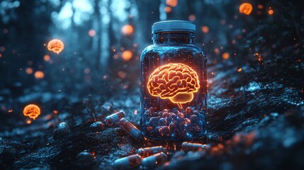 Glowing Brain in Jar Pills Forest Mental Health Concept