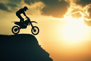 Fototapeta premium Silhouette of motorcyclist jumping sunset cliff.