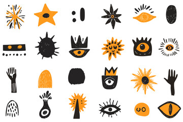 Collection of abstract grungy punk linocut shapes with eyes, suns, and hands. Charcoal marker scribble elements, geometric shapes, eye, crown, star, flower.  Crayon pencil lino doodles