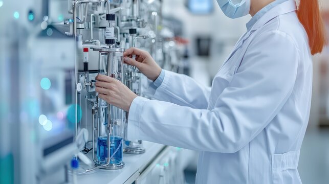 A scientist in a lab coat conducts an experiment with advanced laboratory equipment in a clean and modern lab environment. - Powered by Adobe