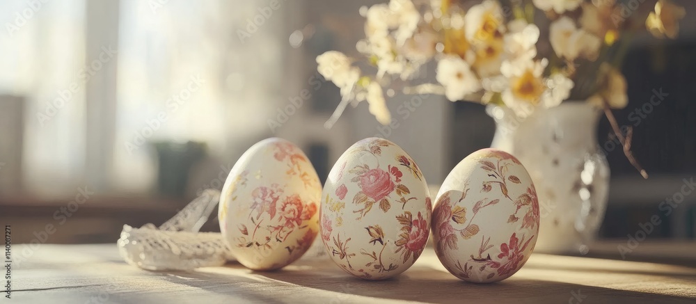 Aufkleber decorative easter eggs with floral patterns on a rustic table surrounded by soft natural light and a