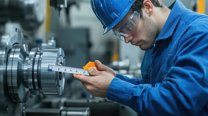 A technician measures precision components in a mechanical workshop, showcasing attention to detail and safety in engineering.