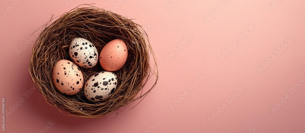 Poster easter eggs in a nest on a pink background perfect for a spring greeting card with space for persona