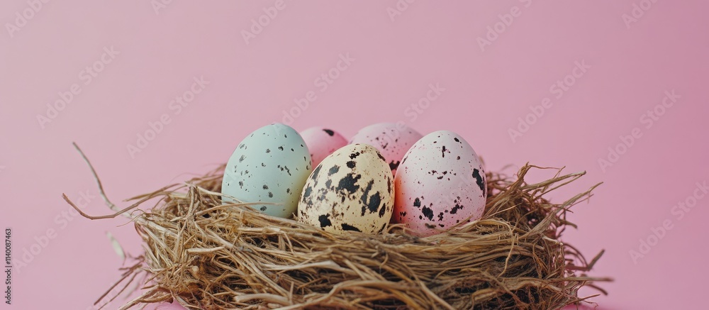 Poster easter eggs in a nest on a pink backdrop perfect for spring greeting cards with customizable text sp