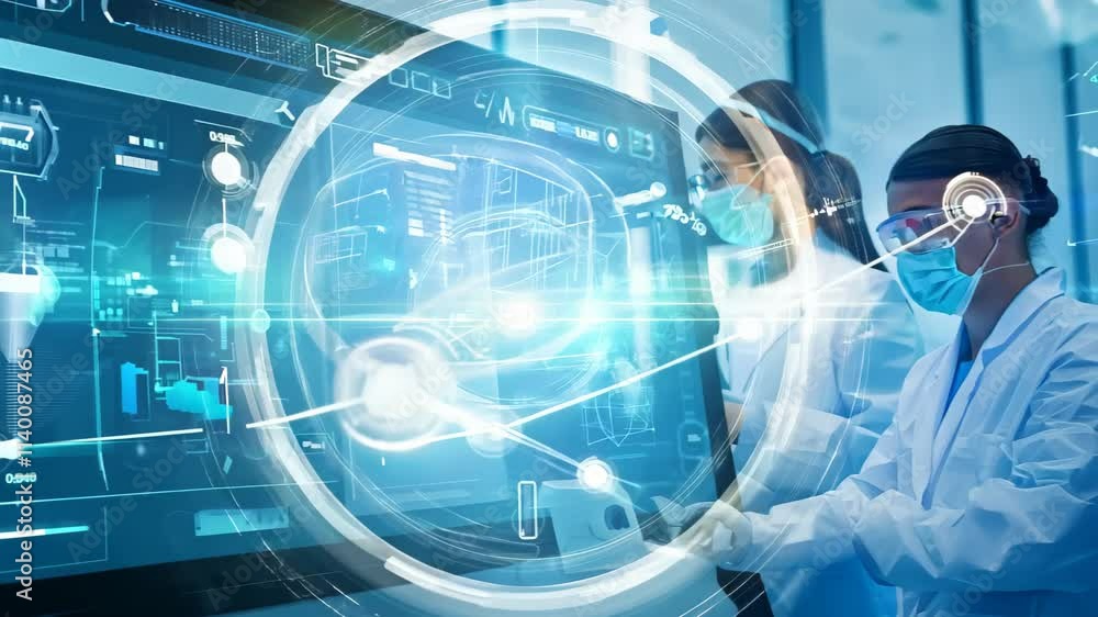 Poster scientists collaborate on advanced technology in a high-tech laboratory setting with interactive dis