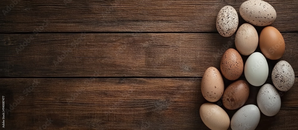 Poster colorful easter eggs arranged on a rustic wooden background with empty space for personalized messag