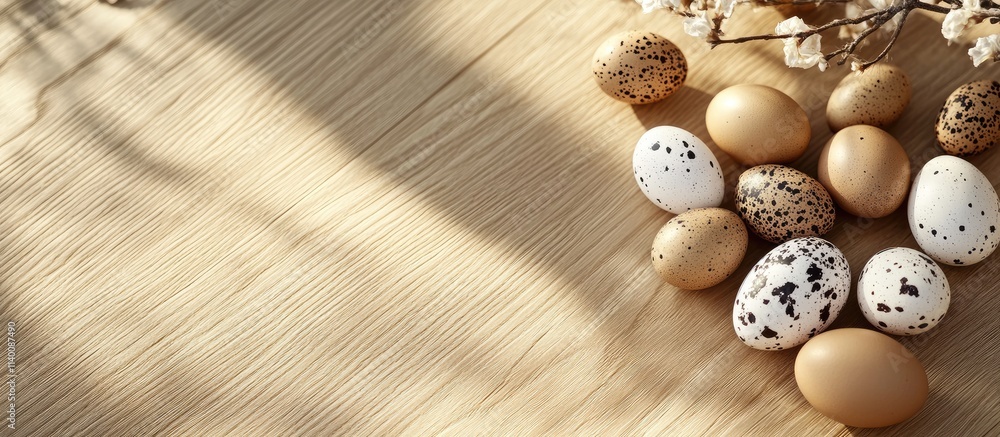 Poster easter eggs arranged on a wooden surface with space for a message captured from above with natural l